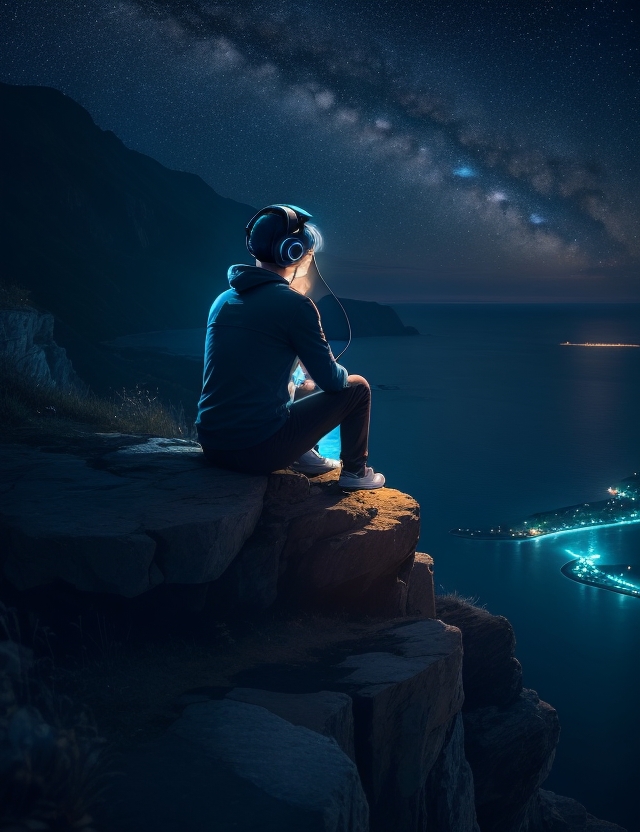 DreamShaper_v6_promptman_sitting_on_a_cliff_at_night_listening_2.jpg